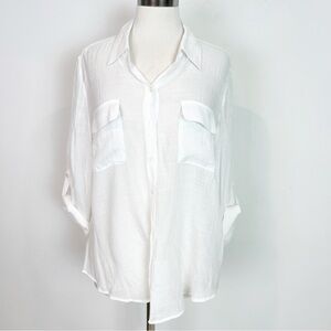 BCX WHITE SEMI SHEER LONG ROLL TAB SLEEVE BUTTON FRONT BLOUSE WOMENS SZ
XL